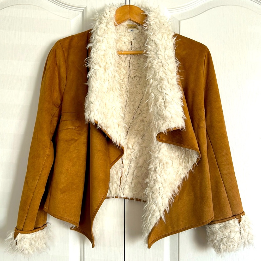 Piko 1988 Womens Faux Fur and Suede Draped Front Jacket Tan Cream M